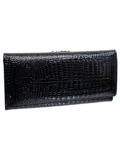 Black Glossy Embossed Faux Croc Clutch Wallet Leather Interior