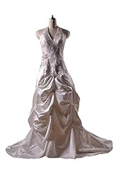 Elasticized   Waistline Halter Satin Lace Belted Wedding Dress  with a Chapel Train 