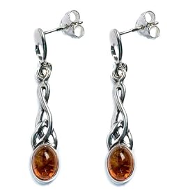 Certified Genuine Honey Amber and Sterling Silver Celtic Oval Earrings