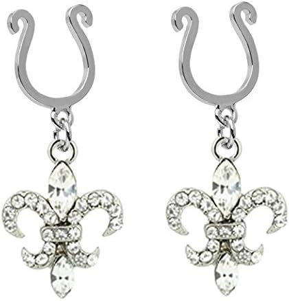 Pair of Fake Clear Cz Fleur De Lis New Orleans Saints dangle Nipple Jewelry Adjustable Non piercing Clip on shield ring rings