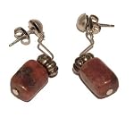 Rhodonite Earrings 06 Dangle Pink Black Cube Steel Post Crystal Healing Gemstone 1.4