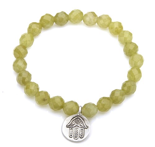 Satya Jewelry Olive Jade Silver Hamsa Devotion Stretch Bracelet