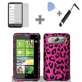 (4 Items Combo : Case - Screen Protector Film - Case Opener - Stylus Pen) Rubberized Pink Black Leopard Snap on Design Case Hard Case Skin Cover Faceplate for Htc Hd7