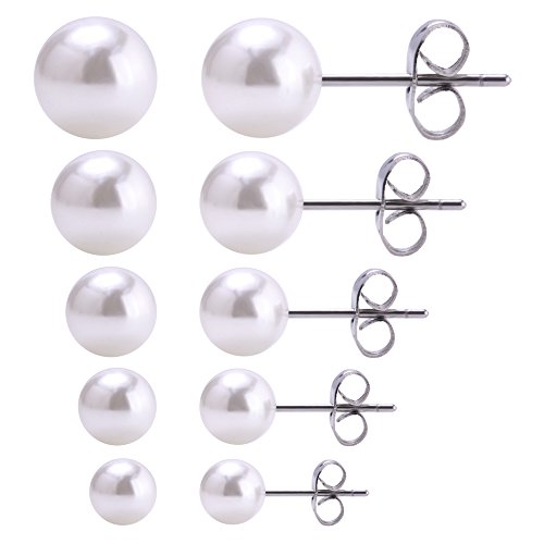 Jewelrieshop 5 Pairs Assorted Sizes Wholesale Lot Shiny Imitation Pearl Round Ball Stud Earrings,Stainless Steel Earrings Pin, Hypoallergenic