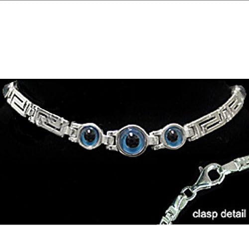 Greek Sterling Silver Mati Collection - Bracelet w/ Greek Key and 3 Central Mati Evil Eye