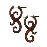 KOMODO - Organic Hand Carved Sono Wood Earrings with Wood Post - From Indonesia - Sold as a Pair - 21mm x 44mm