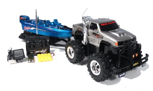41hixuJdkuL 1:18 Crazy Hauler Gray Electric RTR RC Remote Control Truck With Boat And Trailer (Color May Vary)