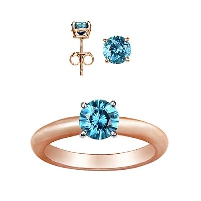 Round Solitaire Blue Diamond Ring & Stud Earring Set in 14K Yellow Gold (2 ctw) - Ring Size 6.5