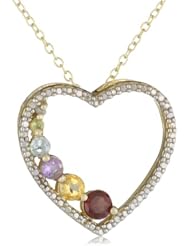 Goldtone Finish Silver Multi-Gemstone and Diamond Accent Heart Pendant Necklace, 18"