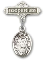 Sterling Silver Baby Badge with Blessed Teresa of Calcutta Charm and Godchild Badge Pin