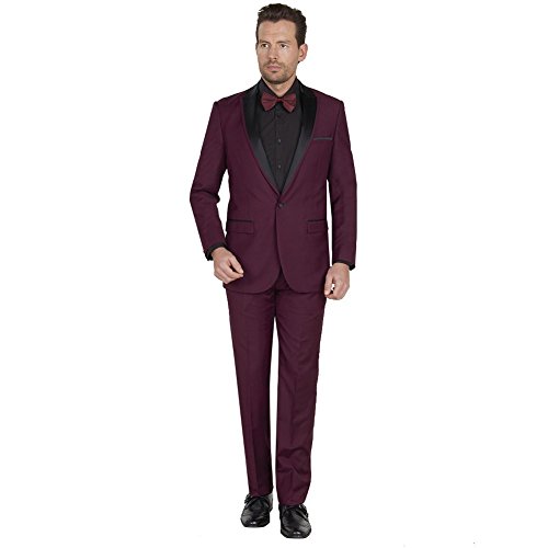 Mens 2 piece Slim Fit with Shawl/Peak Lapel Burgundy/Black Satan 38S