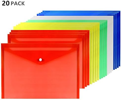 Premium Poly Envelope with Velcro Closure Pack of 20, 5pc Mix Colors Set, Letter /A4 Size-translucent, Water/Tear Resistant