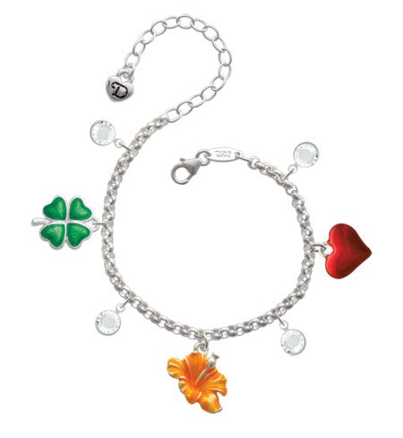 Hot Orange Hibiscus Flower Love & Luck Charm Bracelet with Clear Swarovski Cr...