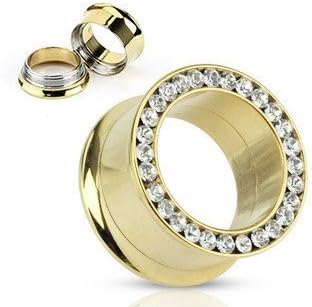 Gold Tone Jewel Encrusted Screw On Flared Tunnel Plug (9/16 Inch) Rhinestone Studded Tunnel Ear Plug (14 mm) Stainless Steel Body Piercing (2 Piece Pair) by Ear Plug