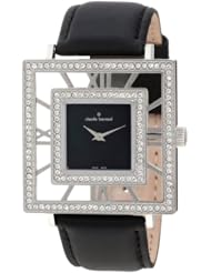 Claude Bernard Womens 20076 3PB NAN Ladies Fashion Square Crystal Black Mother-of-Pearl Satin Watch