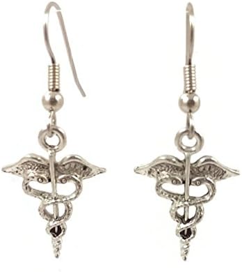 Surgical Steel Dangle Earrings Caduceus Silver Tone
