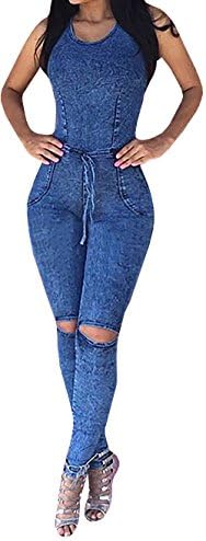 Dalinarrow Women's Sexy Sleeveless Ripped Bodycon Jeans Jumpsuit Overall One Piece