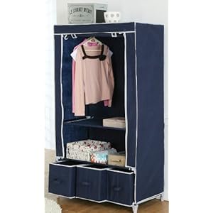 Designer Habitat - Kleiderschrank Canvas-Effekt Kleiderregal Aufbewahrung in Marineblau mit 3 Schubladen