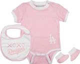 MLB Infant/Toddler Girls' Los Angeles Dodgers Onesie Bib & Bootie Set (Pink, 12 Months)