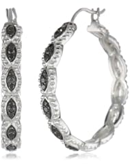 Sterling Silver Black Diamond Hoop Earrings, 1.15"