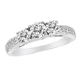 10K White Gold 3 Three Stone Round Brilliant Diamond Bridal Ring With Milgrain Pave Set Shank (1 cttw, H-I/I1)