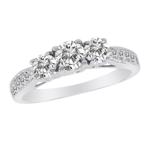 14K White Gold 3 Three Stone Round Brilliant Diamond Bridal Band With Milgrain Pave Set Shank (1 cttw, H-I/I1)