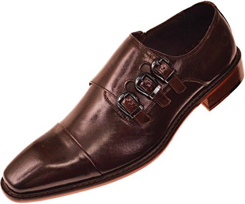 Steven Land Footwear Collection Mens Classic Dark Brown Genuine Leather Cap Toe Triple Monkstrap Dress Shoe with Side Zipper : Style SL308-062