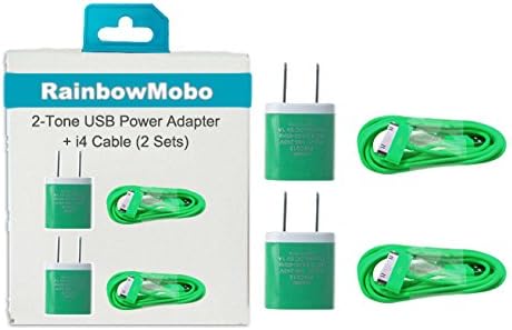 RainbowMOBO (TM) Set of 2 x 6 Ft. 30 Pin Charge & Sync Cable + 2 x 2-Tone AC Power Adapter for iPhone 4/4s (Rainbow Green)