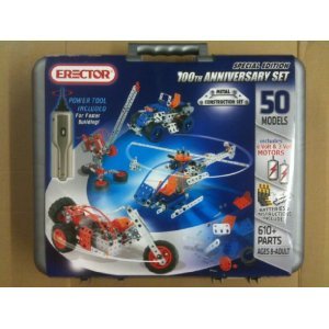 Erector Special Edition 100th Anniversary Set - Makes 50 Models - 610+ Parts - Helecopter, Crane, Motorcycle and More!
