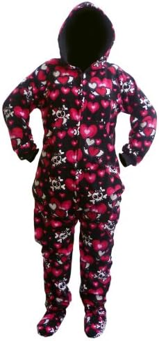 Footed Pajama Men's Skulls and Hearts Hooded Onesie S Black