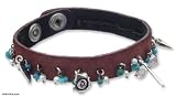 Leather and pearl bracelet, 'Dragonfly Rose'