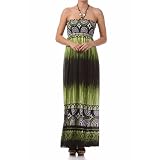 Geometric Arches Two Tone Graphic Print Beaded Halter Smocked Bodice Long / Maxi Dress