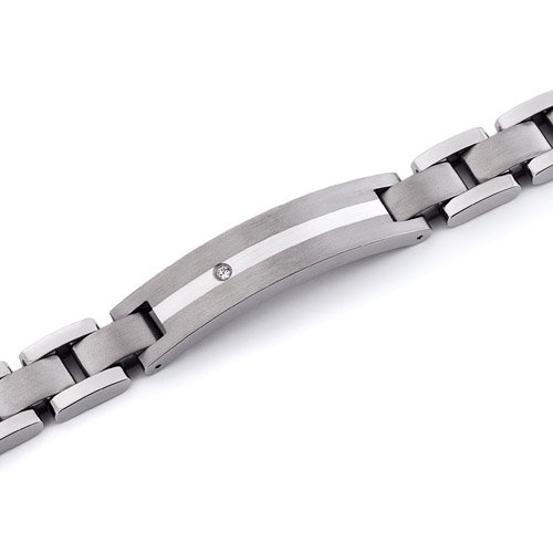 Revoni Mens Titanium ID Style Sterling Silver Inlay CZ accent Bracelet