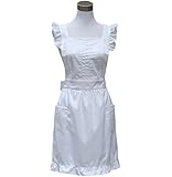 Hyzrz Lovely White Cotton Retro Lady's Aprons for Women's Cake Kitchen Fashion Cook Apron Chic with Pockets for Christmas Gift (White)