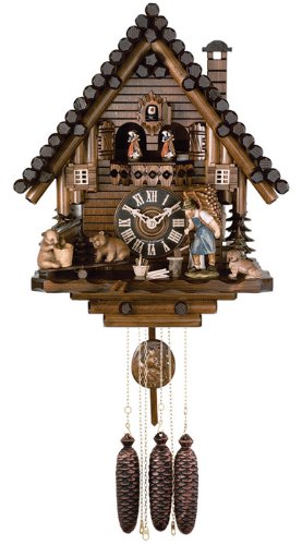 River City Clocks MD810-16 Eight Day Musical Cuckoo Clock with Dancers, Log Cabin with Bears On Seesaw, 16-Inch Tall