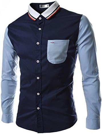 Digormers Slim Fit Men Turn Down Collar Long Sleeve Contrast Bottoming Shirts M Deepblue