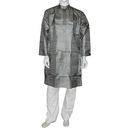 Kurta Pajama Long Loose Shirt and Trousers in Silk Handcrafted in India Size L Chest :42 inches (gkps025)