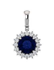 18K White Gold 8.00mm Round Cut Chatham Created Sapphire and Diamond Pendant -- LIFETIME WARRANTY