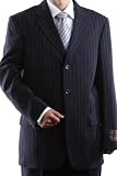 Men’s Single Breasted 3 Button Navy Pinstripe Super 150′s Wool Feel Dress Suit