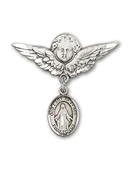 Sterling Silver Baby Badge with Our Lady of Peace Charm and Angel with Wings Badge Pin