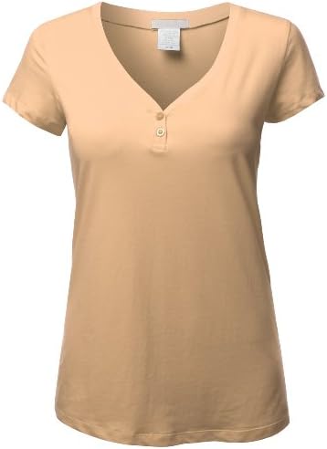 Doublju Plus Womens Basic Short Sleeve Loose Fit V-Neck Henley T-Shirt Plus Size Khaki XXXL