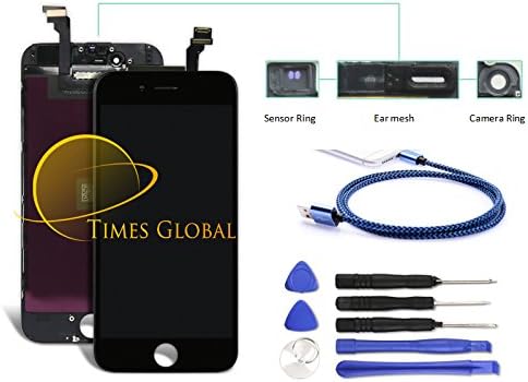 Times Global iPhone 6 (4.7 inches) Black LCD Display Touch Screen Digitizer Replacement includes (Sensor Ring, Ear Mesh and Camera Ring) + Free Tool Kit and USB Cable