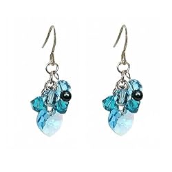 Earrings - E14 - Swarovski Crystal Heart & Pearl Cluste ~ Aqua & Blue Zircon