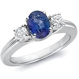 10K White Gold Oval Blue Sapphire & Round Diamond 3 Stone Ring (1/2 ctw)