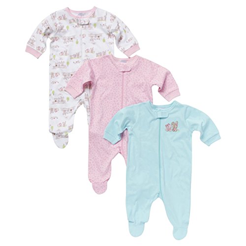 Gerber Baby Girls' 3 Pack Assorted Zipper Front Sleep N' Play - Kitty & Bunny
