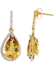 10k Gold Teardrop Earrings w/ Brilliant Cut Diamonds & Pear Cut (12x8mm) Citrine Stone