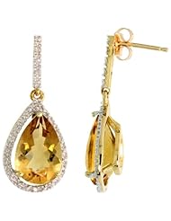 10k Gold Teardrop Earrings w/ Brilliant Cut Diamonds & Pear Cut (12x8mm) Citrine Stone