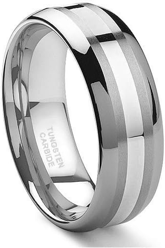 8MM Tungsten Carbide 14K White Gold Inlay Wedding Band Ring Sz 8.5