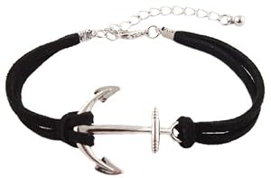 2 Pieces of Black with Metallic Silver Ship Anchor Charm with an Adjustable String Bracelet