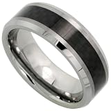 Tungsten Carbide 8 mm  Comfort Fit Flat Wedding Band Ring w/ Black Carbon Fiber Center